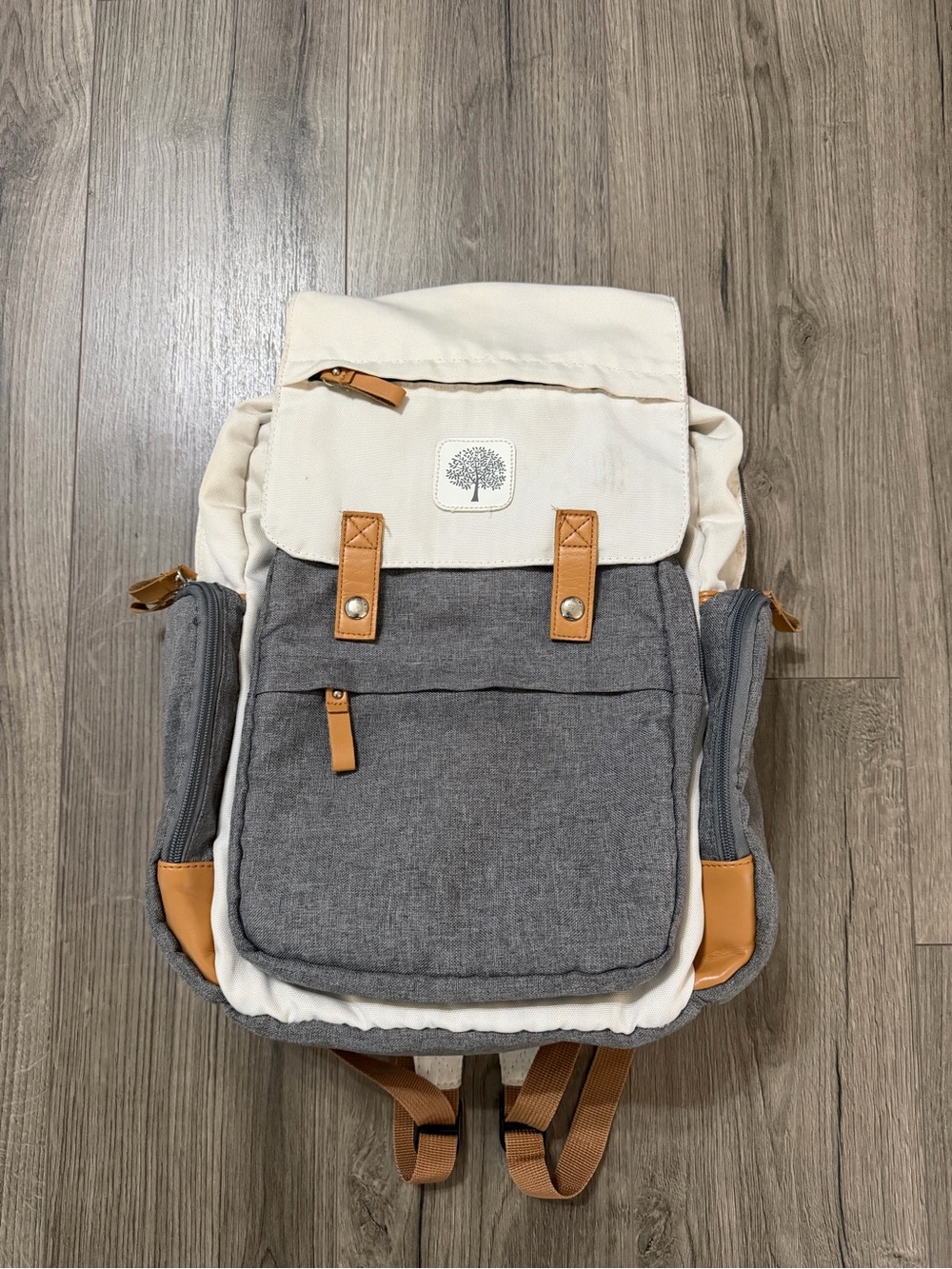 Canvas Two-Tone Gray & Cream Backpack with Tan Accents